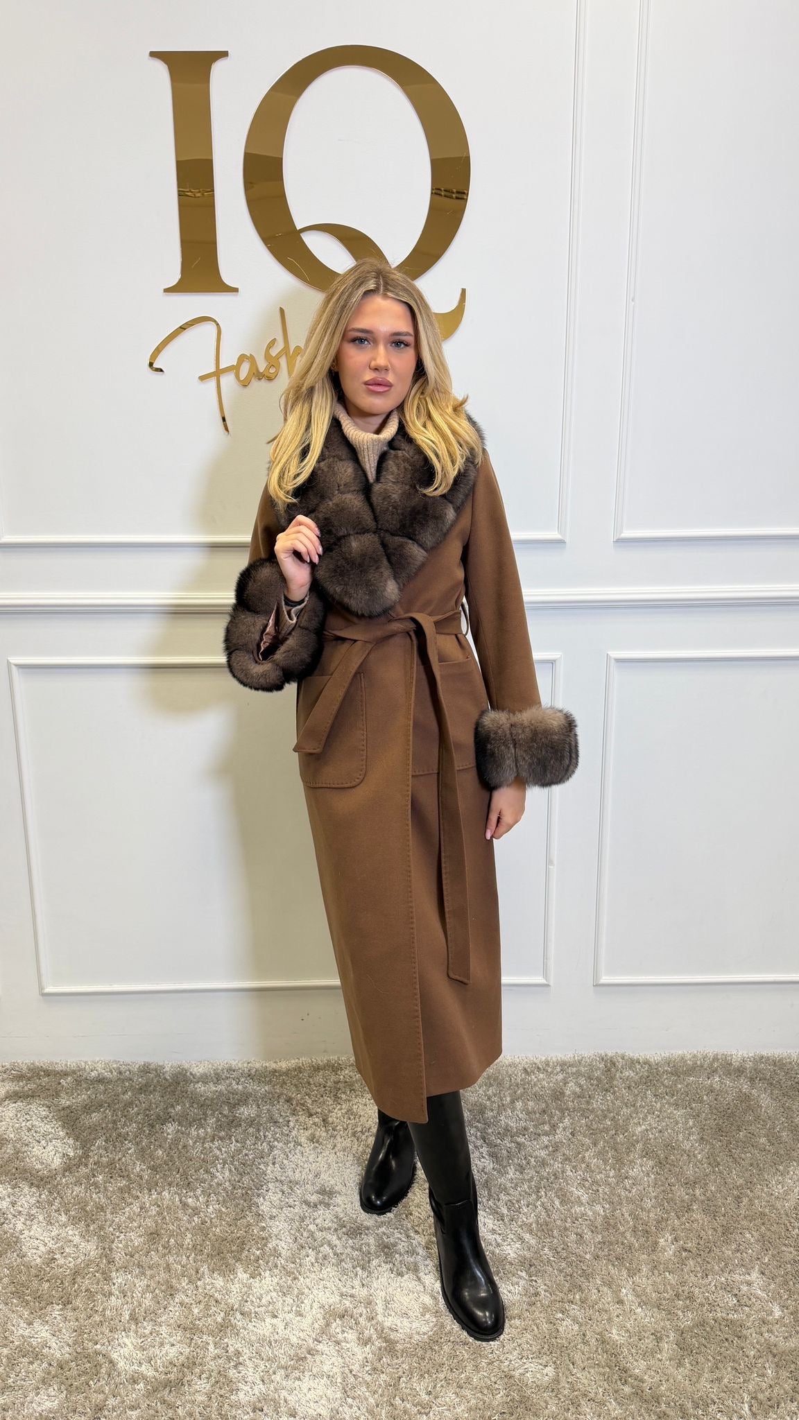 Palton lana casmir Buzunar Elaria Camel-Brown
