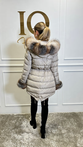 Beige Anatolia Haina parka by ELVE STYLE SRL, stylish blanuri jacket with hood and quilted design, displayed on a hanger.