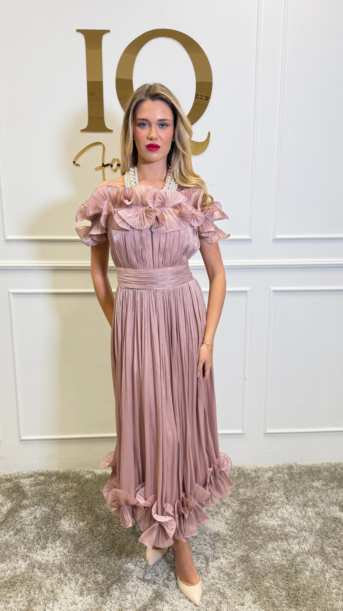 Pink Kassilia dress by iqfashioncluj, stylish women's fashion with elegant fabric and modern design, shown on a model.