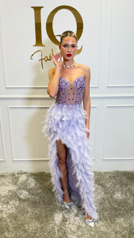 Rochie lungă purple Kandy de la iqfashioncluj, material elegant, cu croială modernă, vizibilă în imagine.