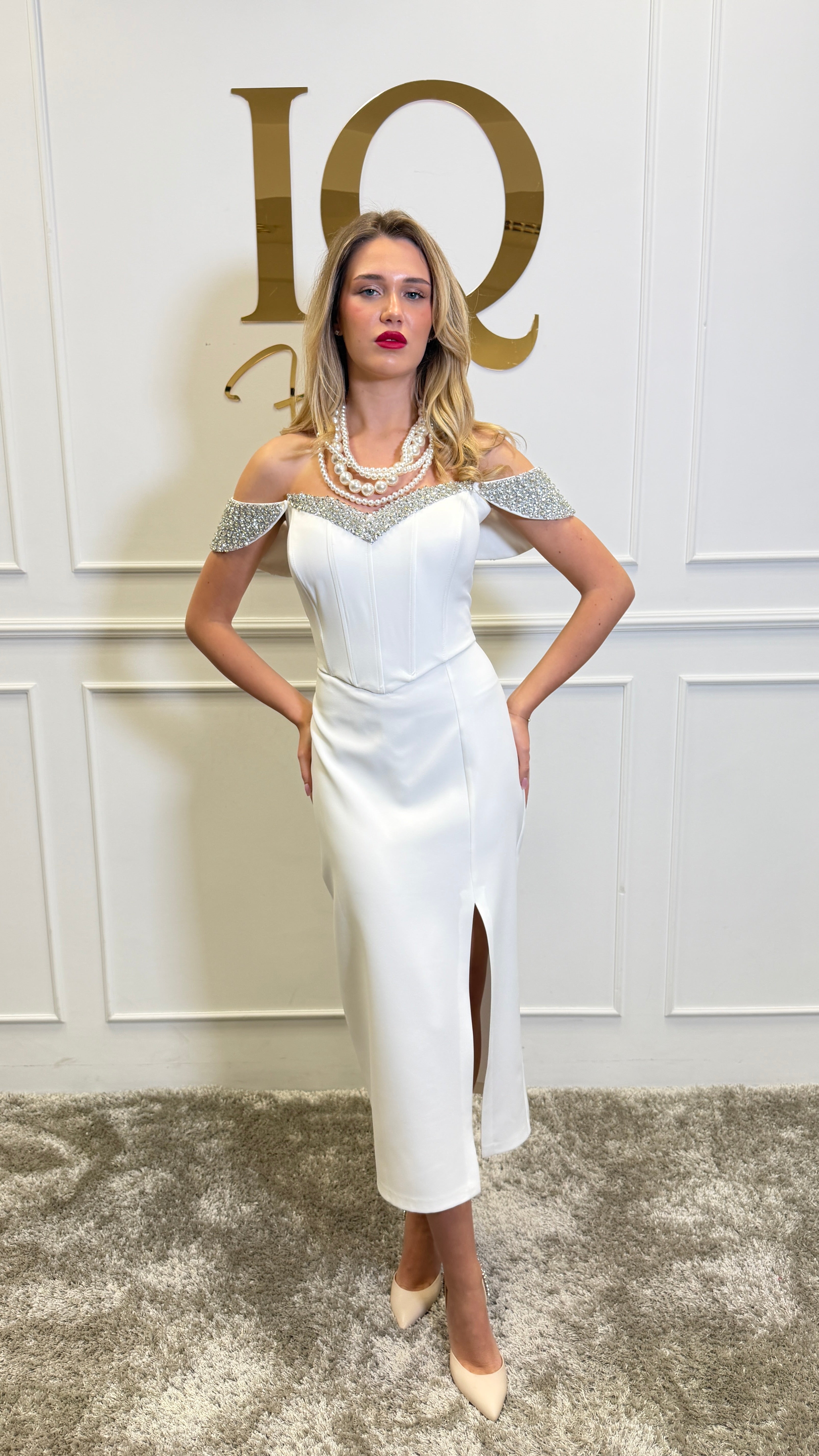 White Ginnya dress by iqfashioncluj, elegant women's Rochii with a stylish design, shown on a model.