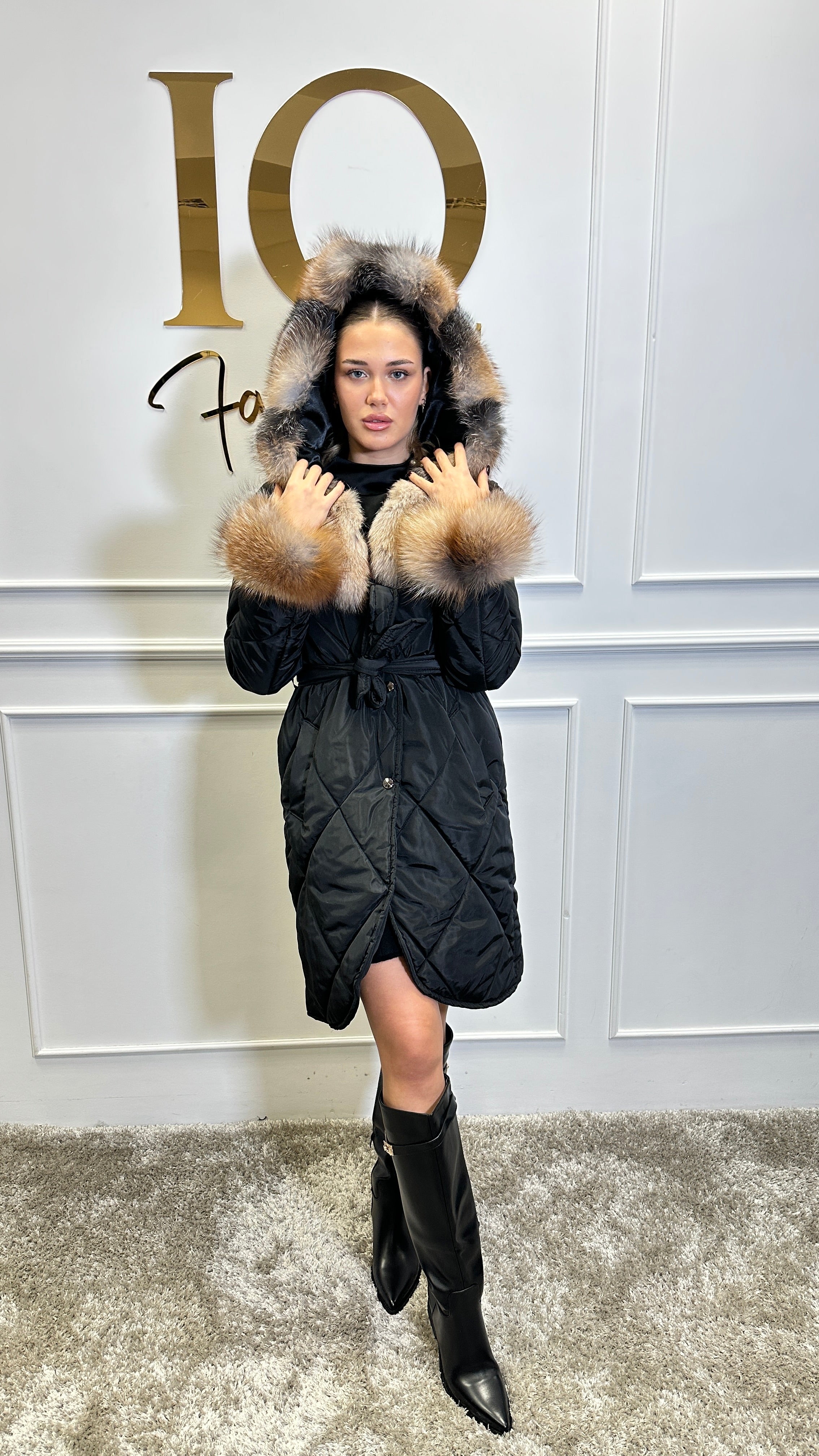 Black and gold natural fur coat from ELVE STYLE SRL, with plush fur and stylish design, shown on a model.