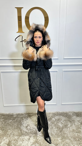 Black and gold natural fur coat from ELVE STYLE SRL, with plush fur and stylish design, shown on a model.