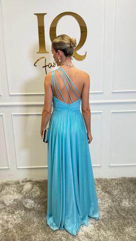 Rochie turcoaz Kaseea de la iqfashioncluj, model elegant pentru ocazii speciale, cu croială modernă și detalii stilate.