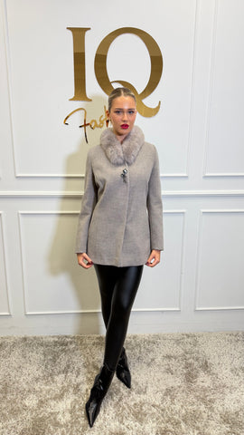 Palton stofă lana cu blana naturala Rosemary Beige