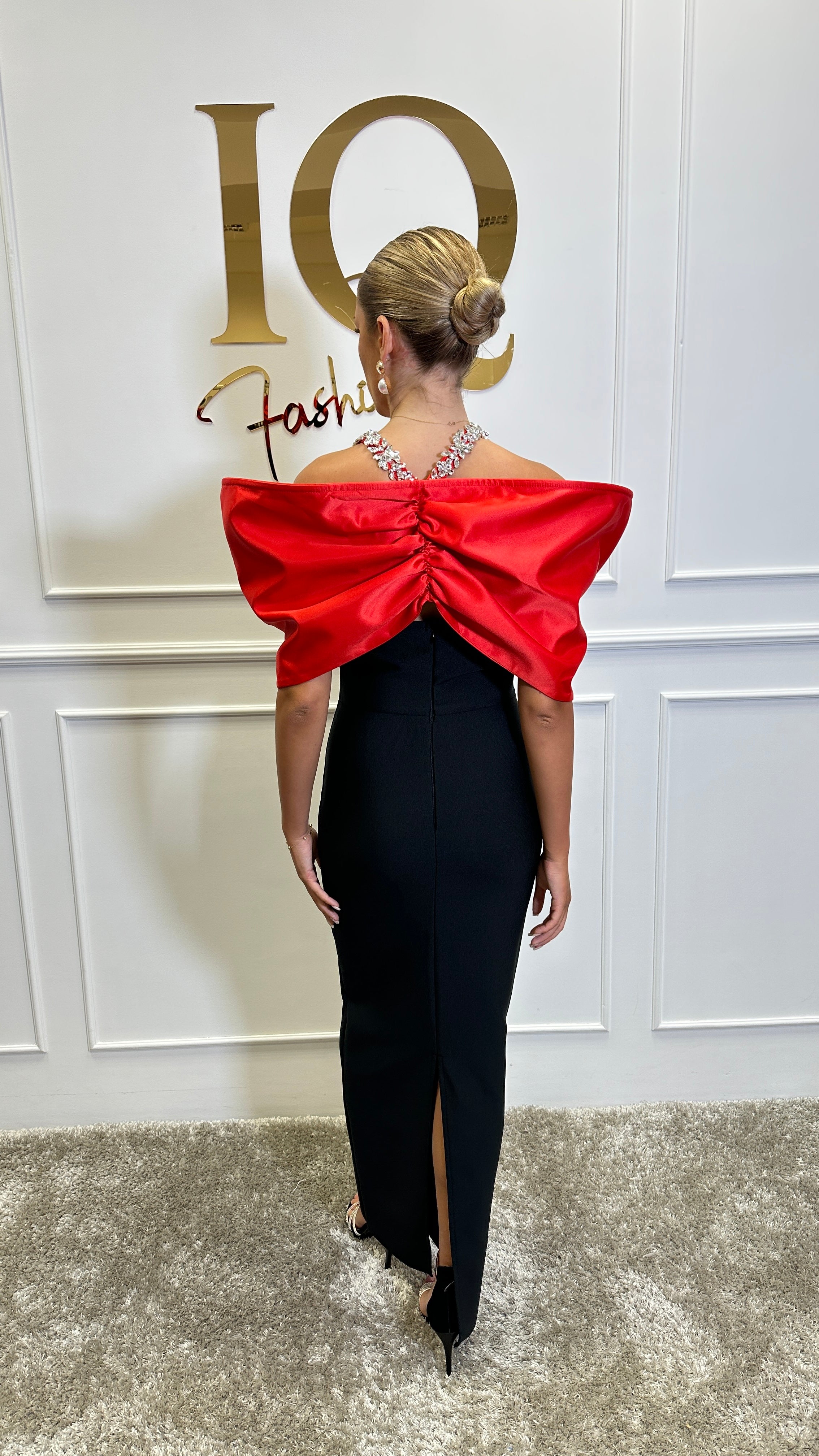 Black and red Verona dress by iqfashioncluj, stylish Rochii with elegant design, shown on a model.