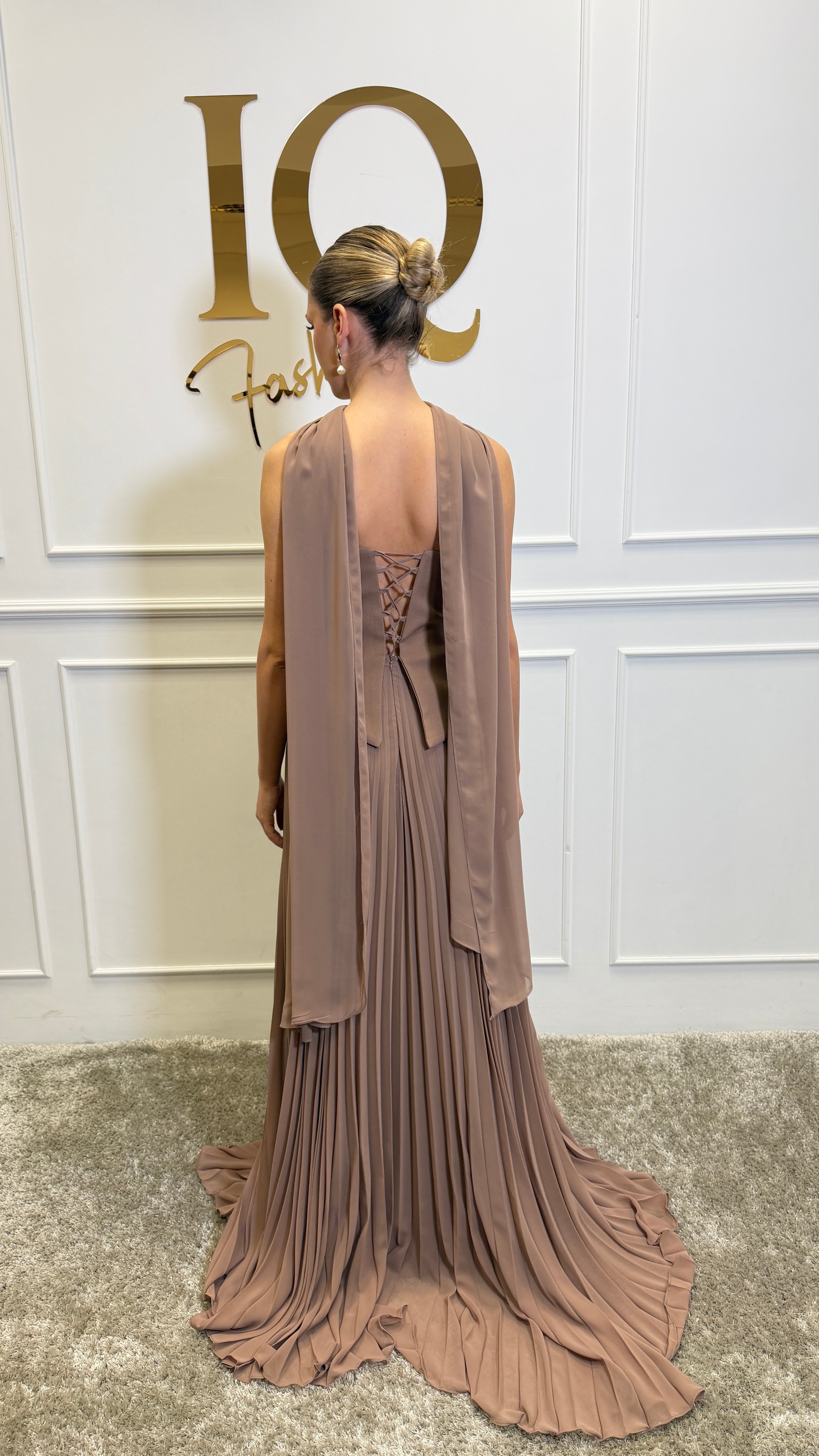 Beige Elissa dress by iqfashioncluj featuring a stylish, flowing design with elegant fabric and subtle detailing.