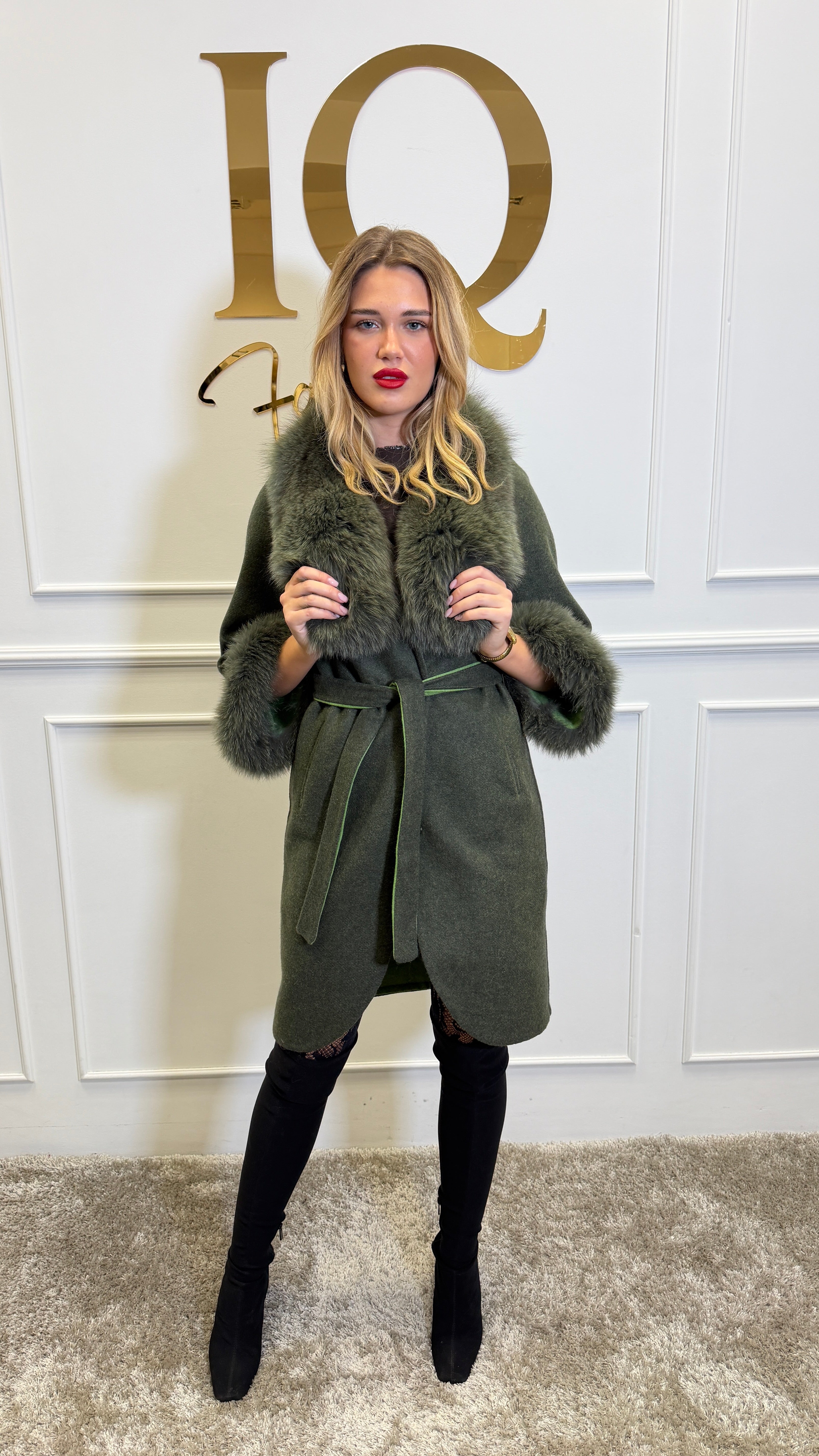Olive green alpaca blanuri coat by iqfashioncluj, featuring a cozy, textured fabric with a relaxed fit and stylish lapel collar.