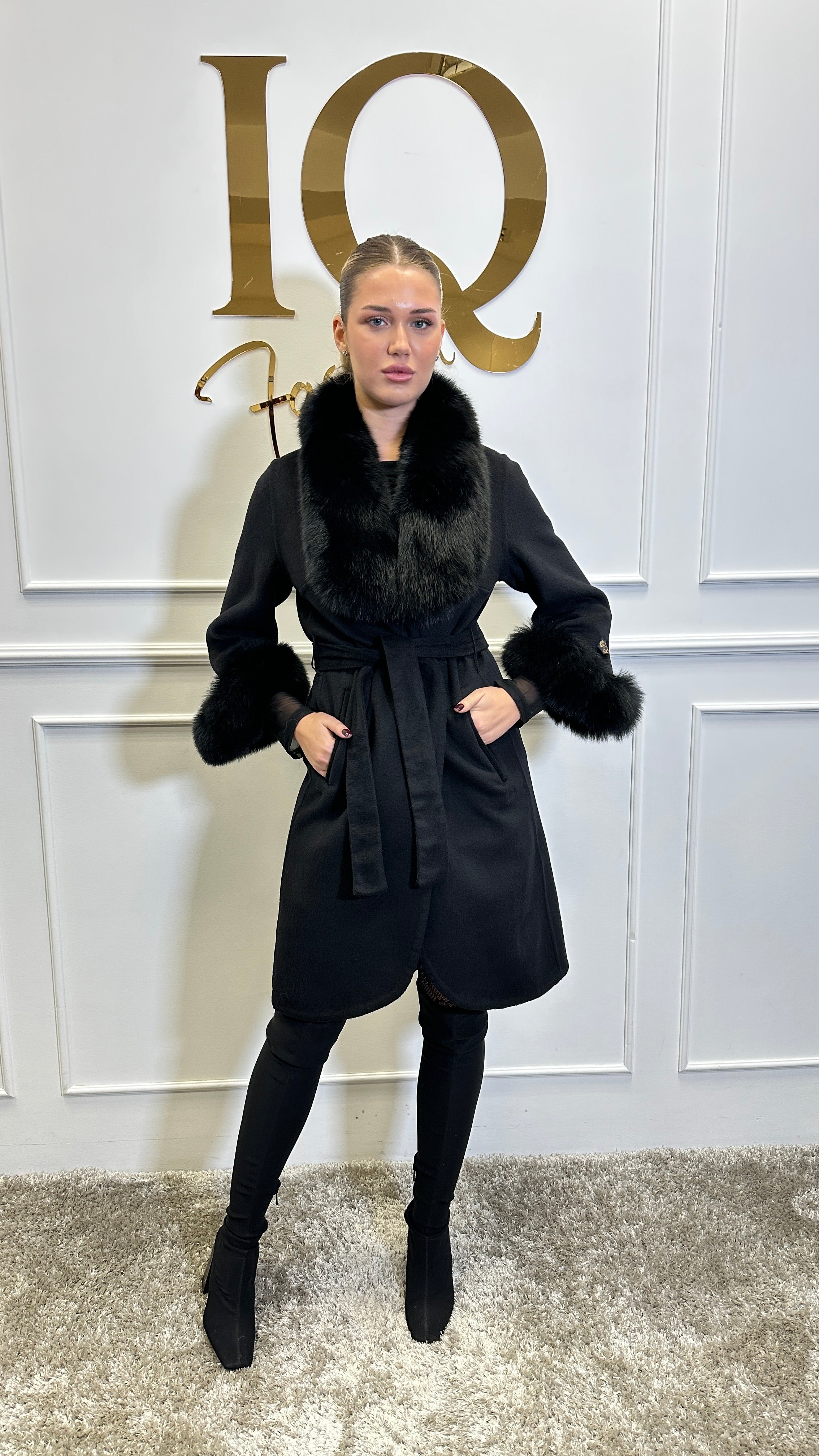 Black alpaca coat from iqfashioncluj, featuring a stylish, soft texture and elegant design for a chic look.