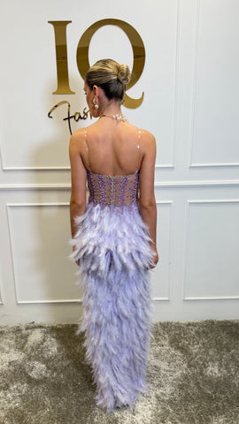 Rochie lungă purple Kandy de la iqfashioncluj, cu croială elegantă și detalii feminine, vizibilă în imagine.