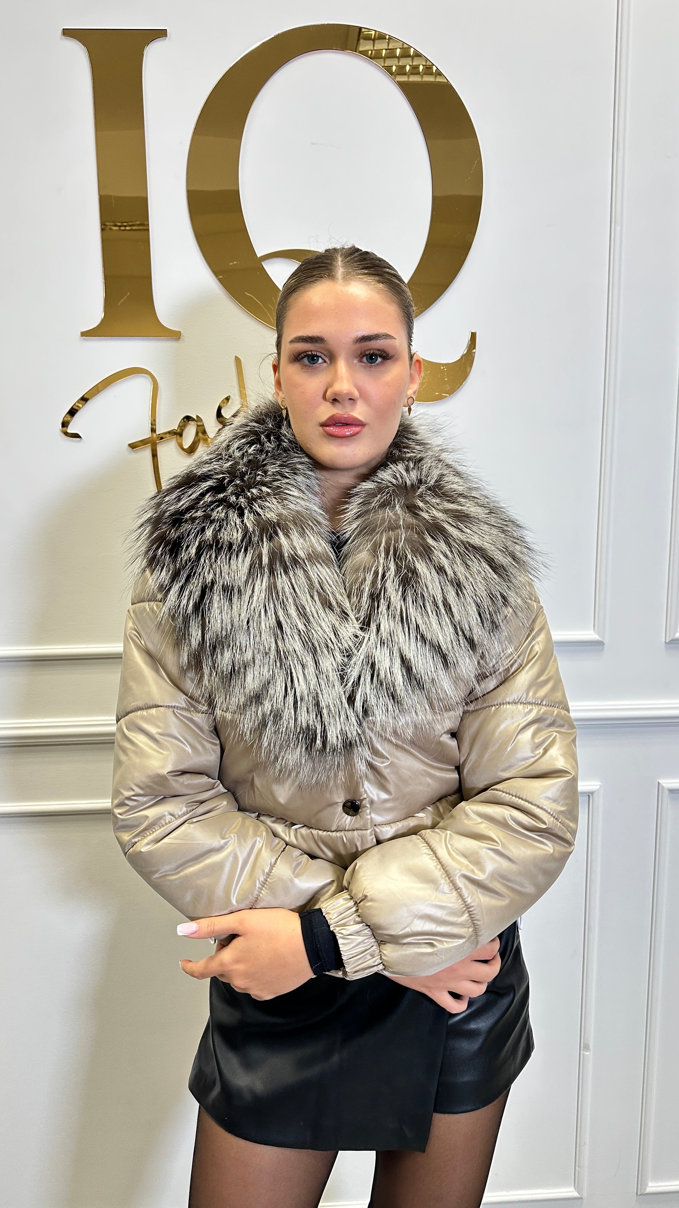 Beige-Grey fur-lined coat with natural fur collar from ELVE STYLE SRL, stylish blanuri with plush, soft texture.