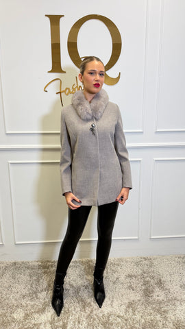 Palton stofă lana cu blana naturala Rosemary Beige