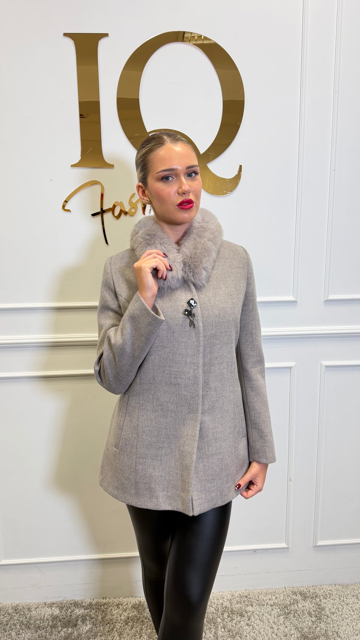 Palton stofă lana cu blana naturala Rosemary Beige