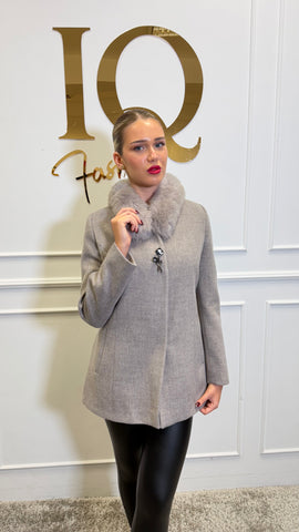 Palton stofă lana cu blana naturala Rosemary Beige