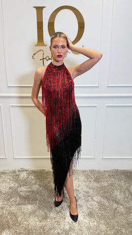 Rochie Aysha neagră-roșie de la iqfashioncluj, design elegant, material texturat și croială modernă, pentru evenimente speciale.