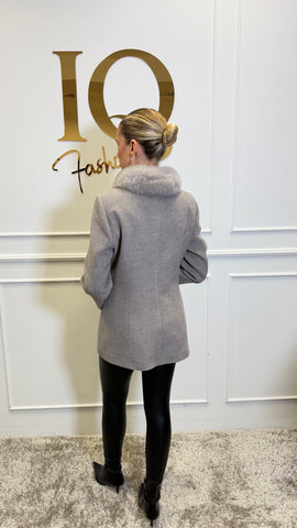 Palton stofă lana cu blana naturala Rosemary Beige