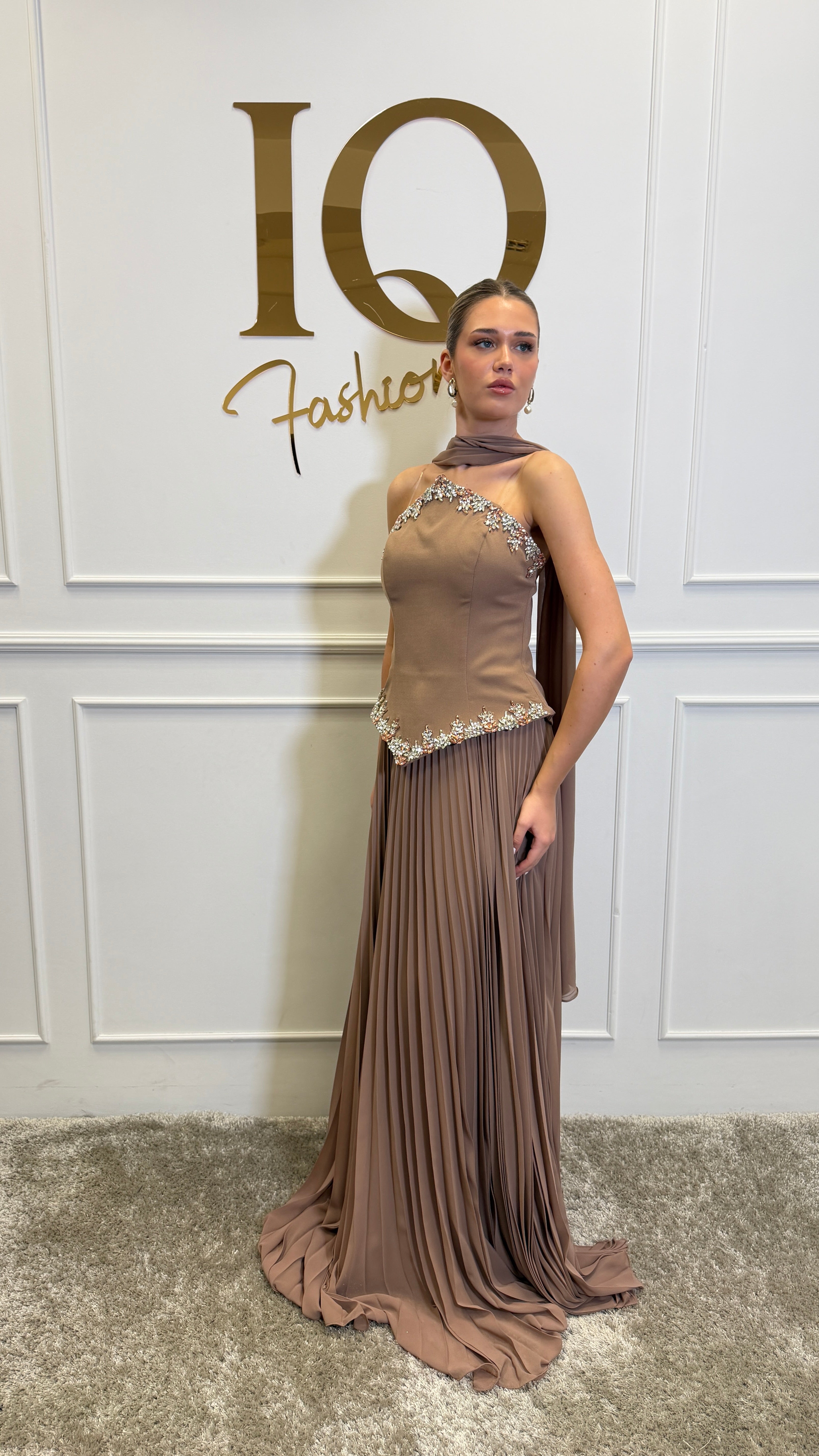 Beige Elissa dress by iqfashioncluj, stylish women's fashion with elegant fit and fabric detail.