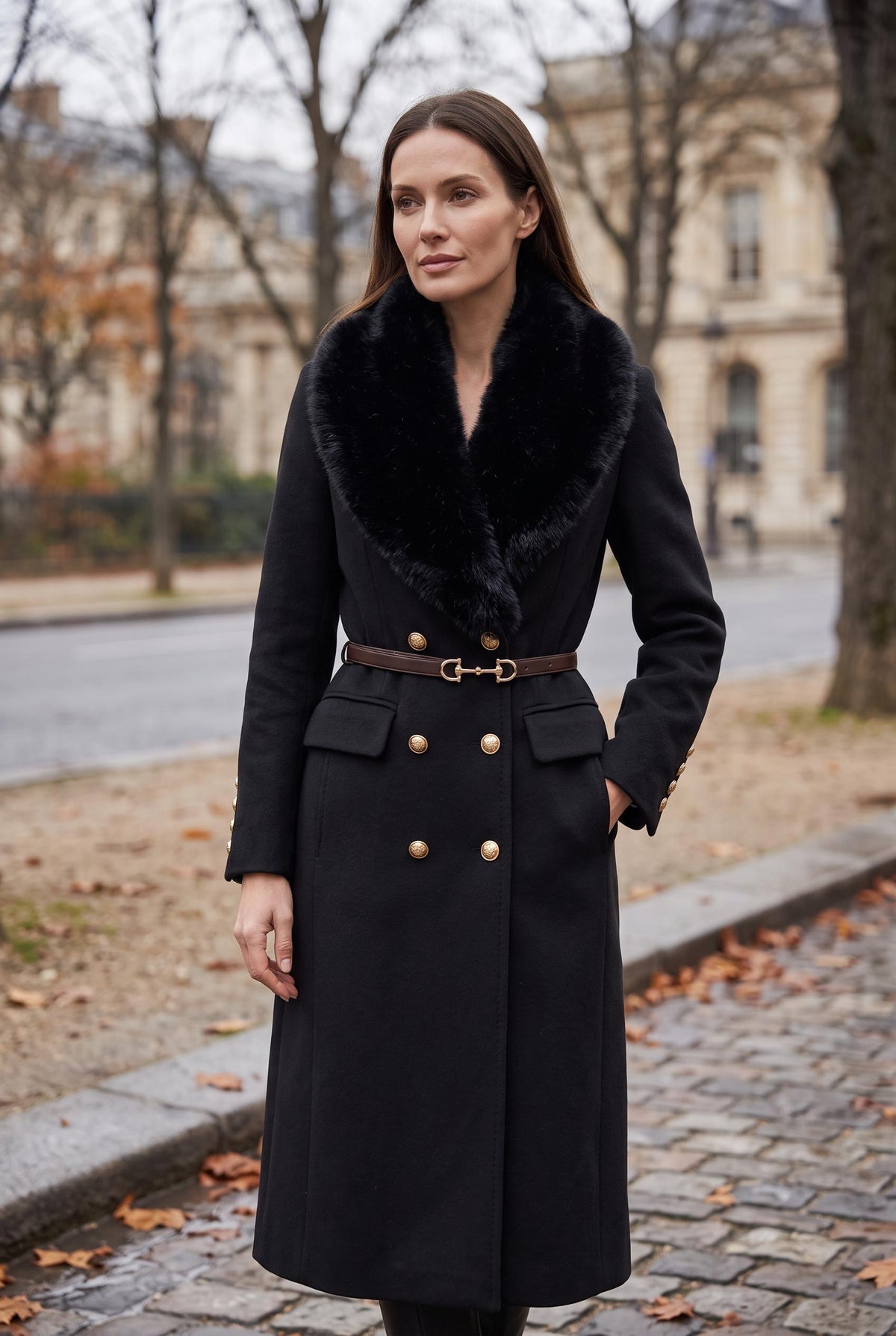 Palton lung cu blană artificială Mania Black de la ELVE STYLE SRL, în culoare neagră, cu detalii elegante și croială lungă.