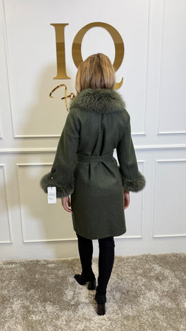 Olive green Ami alpaca blazer by iqfashioncluj, showing the tailored design and soft fabric texture.
