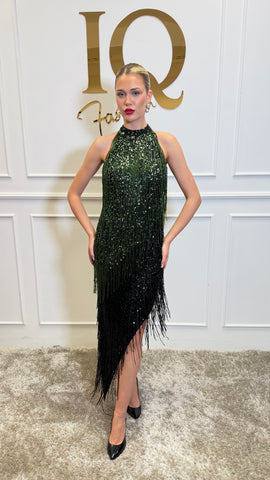Rochie Aysha Black-Green de la iqfashioncluj, Rochii elegante din material fin, cu design modern și detalii în culori contrastante.