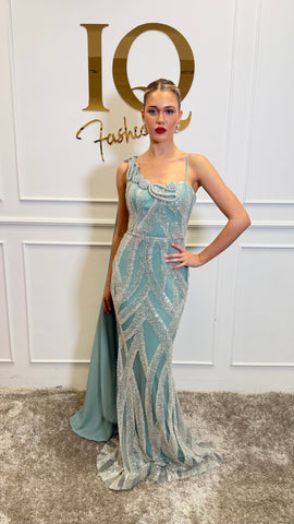 Rochie Marwana Minth de la iqfashioncluj, rochie elegantă cu croială modernă, în nuanțe de verde, pentru ținute de zi sau ocazie.